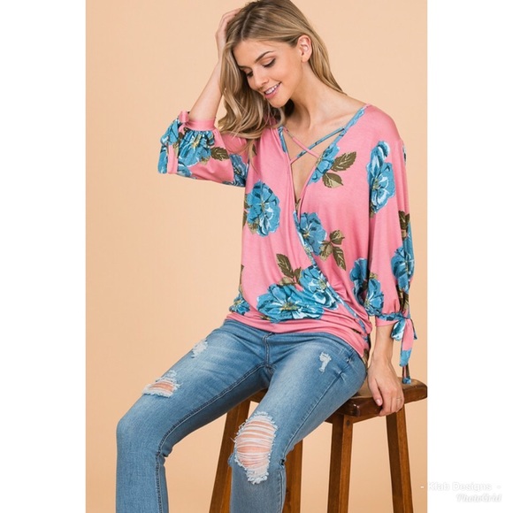 Surplice Crisscross Floral Flower Top Pink Blue Medium M - Picture 12 of 12